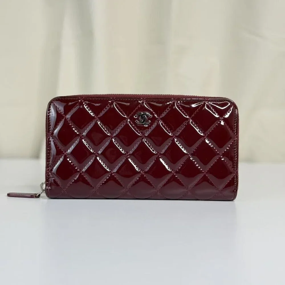 Chanel Burgundy Patent Leather Wallet with Classic Quilted Design